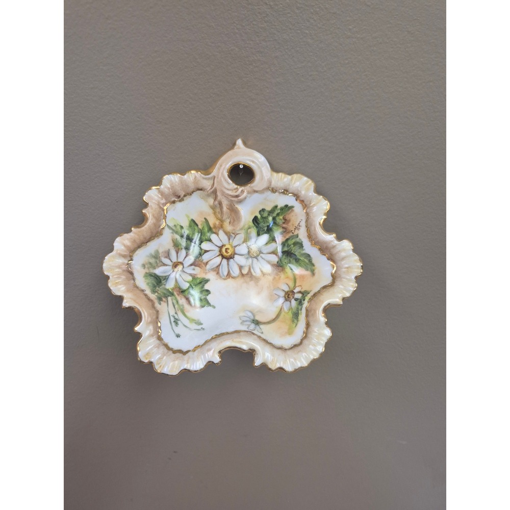 Vintage 1985 Hand Painted Porcelain Daisy Bowl Trinket Dish Gold Signed Hanging